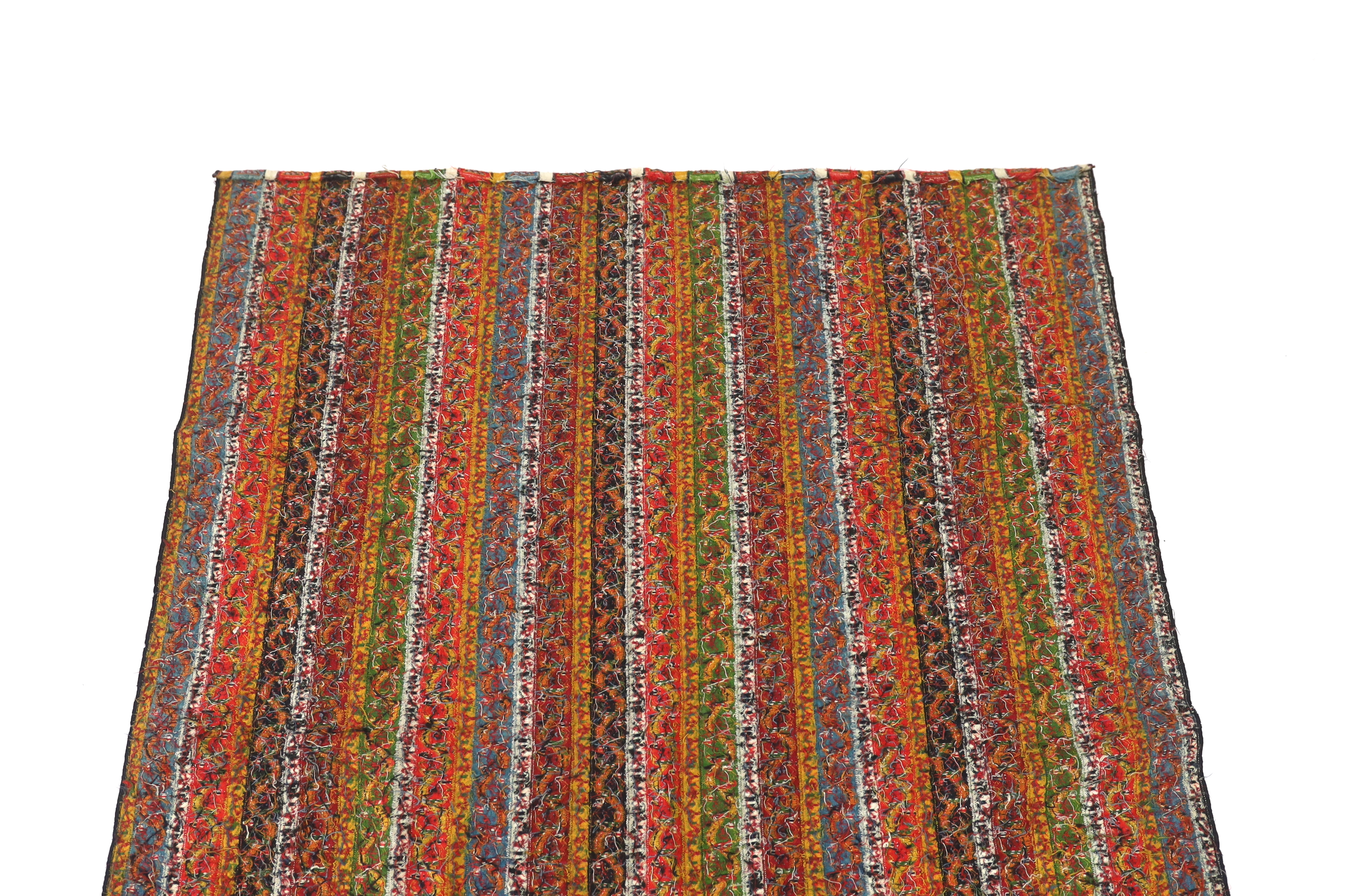 A 19th century Kashmir, multi coloured, striped twill, woven wool shawl, with the fringe cut one end, 140cm long x 114cm wide